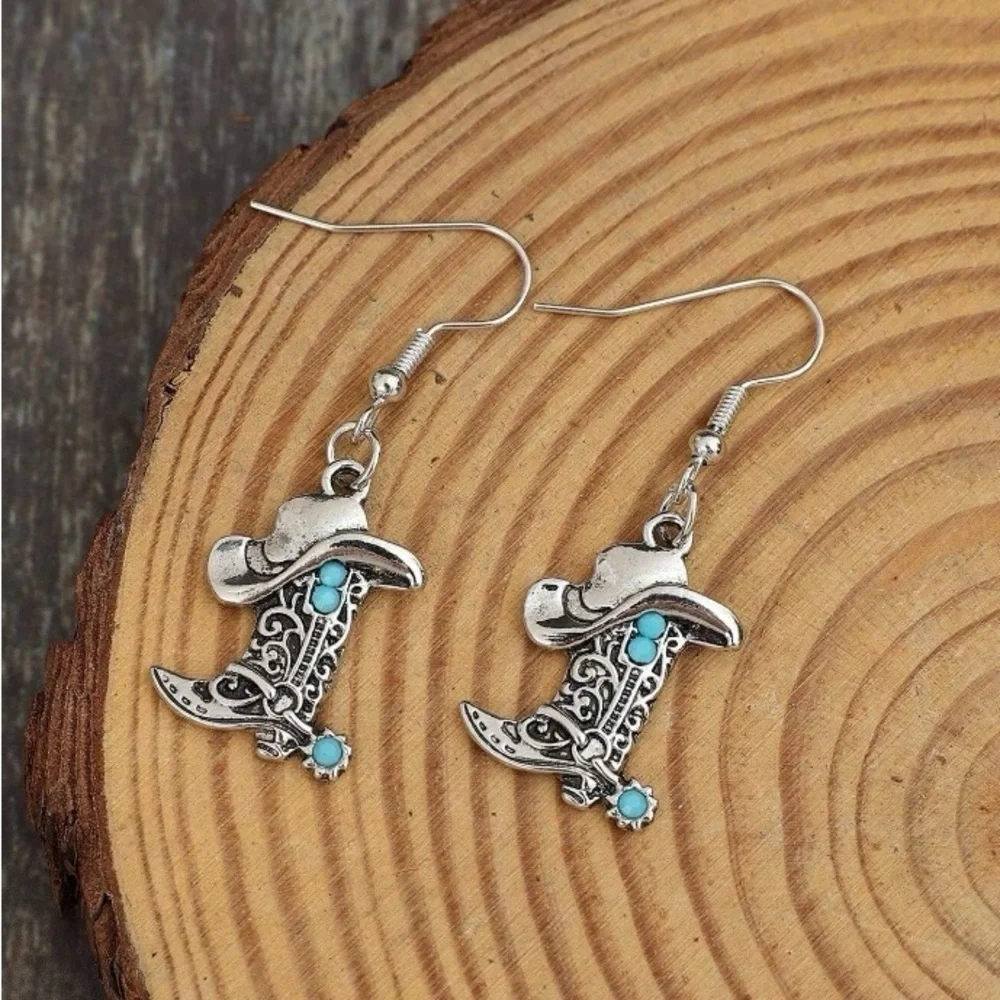 Southwest Style Turquoise Antique Silver Cowboy Boots & Hat Earrings
